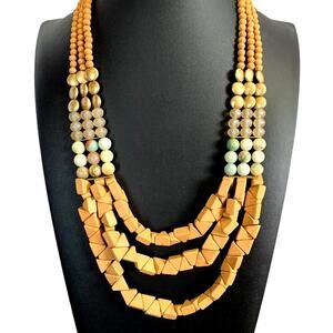 Natural Wood and Stone Statement Necklace Multi-Strand